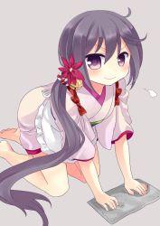 Rule 34 | 10s, 1girl, akebono (kancolle), all fours, alternate costume, barefoot, bell, blush, breath, cleaning, flower, full body, hair bell, hair flower, hair ornament, japanese clothes, jingle bell, kantai collection, kimono, long hair, looking at viewer, nagasioo, purple eyes, purple hair, side ponytail, soles, solo, very long hair