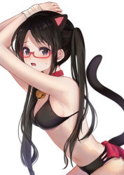 Rule 34 | 1girl, absurdres, animal ears, armpits, arms up, bell, black bra, black hair, black panties, blue eyes, blush, bound, bra, breasts, cat ears, cat girl, cat lingerie, cat tail, collar, glasses, highres, idolmaster, idolmaster shiny colors, jingle bell, meme attire, mitsumine yuika, neck bell, panties, red collar, red ribbon, ribbon, simple background, solo, sweatdrop, tail, tied up (nonsexual), twintails, underwear, white background, woruka