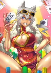 Rule 34 | 1girl, ace (playing card), ace of spades, akinaie, animal ears, blue eyes, breasts, card, cat ears, cat tail, china dress, chinese clothes, cleavage, cleavage cutout, clothing cutout, colored eyelashes, dark-skinned female, dark skin, dress, eyeliner, eyewear on head, fang, fingernails, hand on own hip, holding, holding card, kaiten muten-maru, king (playing card), king of spades, large breasts, long fingernails, makeup, playing card, poker chip, red dress, scarf, shamu meruruusa, smile, solo, spade (shape), spread legs, sunglasses, tail, thighs, white hair