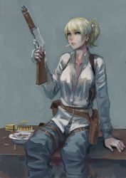 Rule 34 | 1girl, arm support, belt, blonde hair, blue eyes, blue pants, box, bullet, cigarette, ear piercing, gun, highres, holding, holding gun, holding weapon, jittsu, lever action, long hair, looking at viewer, mouth hold, original, pants, piercing, ponytail, shirt, sitting, smoking, solo, thigh strap, weapon, white shirt