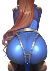 Rule 34 | 1girl, ass, ass focus, back, bad id, bad twitter id, beatrix (granblue fantasy), belt, blue bodysuit, bodysuit, boots, brown hair, commentary request, granblue fantasy, hip focus, long hair, muunyan (yumenekoya), racing suit, seiza, simple background, sitting, solo, suspenders, white background