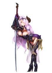 Rule 34 | 1girl, armor, barbariank, bent over, black armor, blue eyes, blush, boots, braid, breasts, camilla (fire emblem), camilla (fire emblem) (cosplay), cleavage, commentary, cosplay, draph, english commentary, fire emblem, fire emblem fates, full body, gloves, granblue fantasy, greaves, hair ornament, hair over one eye, high heel boots, high heels, highres, horns, katana, large breasts, light purple hair, long hair, looking at viewer, narmaya (granblue fantasy), nintendo, pointy ears, purple gloves, solo, sword, tiara, trait connection, transparent background, very long hair, weapon