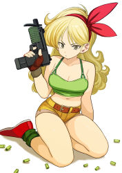 Rule 34 | 1girl, absurdres, blonde hair, breasts, cleavage, commentary request, curly hair, dragon ball, dragon ball (classic), fingerless gloves, full body, gloves, gun, hair ribbon, hairband, highres, long hair, looking at viewer, lunch (bad) (dragon ball), lunch (dragon ball), navel, ribbon, rokoido12, simple background, solo, weapon, white background