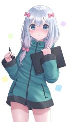 Rule 34 | 1girl, absurdres, blue eyes, blush, bow, closed mouth, eromanga sensei, green jacket, hair bow, highres, holding, holding stylus, holding tablet pc, izumi sagiri, jacket, long hair, long sleeves, looking at viewer, pink bow, seungju lee, solo, standing, stylus, tablet pc, tears, thighs, white background, white hair