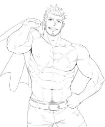Rule 34 | 1boy, abs, bad id, bad twitter id, bara, beard, belt, body hair, cowboy shot, facial hair, fate/grand order, fate (series), greyscale, hand on own hip, holding, holding clothes, jacket, jacket over shoulder, unworn jacket, large pectorals, long sideburns, looking at viewer, lumentunes, male focus, monochrome, muscular, napoleon bonaparte (fate), nipples, pants, pectorals, scar, sideburns, smile, smirk, solo, teeth, topless male, white background