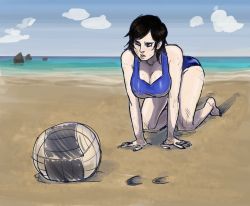 Rule 34 | 1girl, all fours, bad deviantart id, bad id, bad link, ball, barefoot, beach, bikini, black hair, breasts, brown eyes, cleavage, day, dirty, dirty face, downblouse, kazama asuka, large breasts, one eye closed, penelope and me, short hair, solo, sweat, swimsuit, tankini, tekken, volleyball (object)