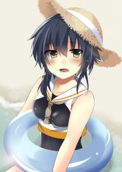 Rule 34 | 10s, 1girl, alternate headwear, asymmetrical hair, bare shoulders, beach, black hair, blush, breasts, brown eyes, framed breasts, hair between eyes, hat, i-13 (kancolle), i-14 (kancolle), innertube, kantai collection, looking at viewer, medium breasts, mizuiro10, nagominomizu, open mouth, sailor collar, sand, school swimsuit, short hair, sitting, solo, sun hat, swim ring, swimsuit