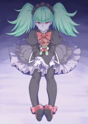 Rule 34 | 10s, 1girl, biburi (precure), black hairband, black pantyhose, black shirt, blouse, blue background, bouzu (bonze), bow, closed mouth, doll, frilled hairband, frills, full body, gothic lolita, green hair, grey skirt, hairband, juliet sleeves, kirakira precure a la mode, lolita fashion, long hair, long sleeves, looking at viewer, mary janes, pantyhose, precure, puffy sleeves, red bow, red footwear, shirt, shoes, sitting, skirt, solo, twintails, yellow eyes