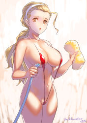 Rule 34 | 1girl, :o, blonde hair, breasts, brown eyes, cleavage, collarbone, covered erect nipples, cowboy shot, girls und panzer, hair pulled back, hair strand, hairband, hamushima, holding, holding hose, holding sponge, hose, large breasts, long hair, looking at viewer, navel, one-piece swimsuit, ponytail, red one-piece swimsuit, sasaki akebi, slingshot swimsuit, solo, sponge, swimsuit, yellow sponge