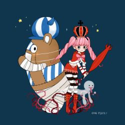 Rule 34 | 1girl, black stripes, bow, cape, capelet, cheese ming, copyright name, crown, drill hair, frown, ghost, kumacy, long hair, looking at viewer, one piece, pantyhose, parasol, patterned legwear, perona, pink hair, red cape, red footwear, red skirt, shoes, skirt, standing, striped clothes, striped pantyhose, thorns, twintails, two-tone stripes, umbrella, white stripes