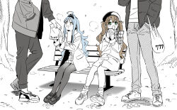 Rule 34 | 2boys, 2girls, ahoge, bag, bench, blue hair, brown hair, coat, couple, green eyes, hair intakes, head out of frame, hetero, jacket, kise itsuki, loafers, long hair, monochrome, multiple boys, multiple girls, original, outdoors, pantyhose, shoes, sitting, sketch, sneakers, spot color, sweater, yellow eyes