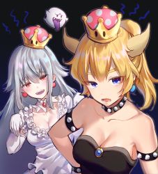 Rule 34 | 2girls, absurdres, bare shoulders, blonde hair, blue eyes, blush, boo (mario), bowsette, bracelet, breasts, cleavage, collar, crown, dress, earrings, gloves, hair between eyes, highres, horns, jewelry, large breasts, long hair, looking at viewer, luigi&#039;s mansion, mario (series), multiple girls, new super mario bros. u deluxe, nintendo, open mouth, ponytail, princess king boo, sharp teeth, shell, short sleeves, smile, spiked bracelet, spiked collar, spikes, super crown, teeth, tongue, tongue out, white dress, white gloves, white hair, yampa