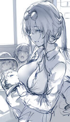 Rule 34 | 4girls, baby, breastfeeding, breasts, child, cleavage, commentary, english commentary, eyewear on head, hews, highres, honkai: star rail, honkai (series), kafka (honkai: star rail), large breasts, long sleeves, monochrome, mother and daughter, multiple girls, ponytail, round eyewear, shirt, sitting, sketch, sunglasses