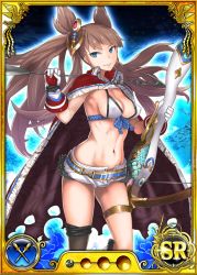 Rule 34 | 1girl, arrow (projectile), belt, bikini, bikini top only, blue eyes, bow (weapon), breasts, brown hair, cape, card (medium), cleavage, covered erect nipples, dmm, gloves, hair ornament, holding, legs, long hair, looking at viewer, navel, nobunaga wa ore no yome. hime bushou 1000-ningiri, official art, short shorts, shorts, simple background, small breasts, smile, solo, standing, swimsuit, thighs, trading card, weapon