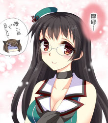 Rule 34 | 10s, 2girls, animal ears, bare shoulders, black hair, blush, breasts, brown hair, cat ears, choker, choukai (kancolle), cleavage, glasses, gloves, hair ornament, hands on own chest, hat, kantai collection, long hair, maya (kancolle), midriff, multiple girls, red eyes, remodel (kantai collection), rimless eyewear, shaded face, short hair, smile, speech bubble, tamagawa yukimaru, text focus, x hair ornament