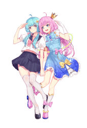 Rule 34 | 2girls, ahoge, aoi (buzhuen444), aqua hair, blunt bangs, bow, crown, dress, frilled dress, frills, gloves, hair ornament, holding hands, long hair, looking at another, mini crown, multiple girls, original, pink bow, pink hair, pleated skirt, puffy short sleeves, puffy sleeves, sailor collar, school uniform, serafuku, short sleeves, skirt, sleeveless, smile, star (symbol), star hair ornament, thighhighs, twintails, white background, white gloves, white legwear, yellow bow