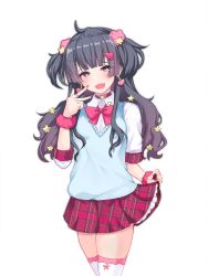 Rule 34 | 1girl, :d, ahoge, bad id, bad pixiv id, black hair, blue sweater, blunt bangs, blush, bow, bow legwear, bowtie, brown eyes, choker, collared shirt, commentary request, earrings, eyeshadow, fingernails, gyaru, hair ornament, hair scrunchie, hairclip, half-closed eyes, hand up, head tilt, heart, heart earrings, highres, idolmaster, idolmaster shiny colors, jewelry, kogal, legs together, lipstick, long fingernails, long hair, looking at viewer, makeup, mayuzumi fuyuko, miniskirt, nail polish, okuri banto, open mouth, pink bow, pink bowtie, pink choker, pink lips, pink scrunchie, plaid, plaid skirt, pleated skirt, red nails, red scrunchie, red skirt, school uniform, scrunchie, shirt, short sleeves, sidelocks, simple background, skirt, skirt hold, smile, solo, standing, star (symbol), star hair ornament, sweater, sweater vest, thighhighs, two side up, v-neck, w, white background, white shirt, white thighhighs, wing collar, wrist scrunchie