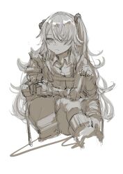 Rule 34 | 1girl, collared shirt, commentary, girls&#039; frontline, greyscale, hair ornament, hair over one eye, highres, long hair, looking at viewer, mechanical arms, messy hair, mm (kabokorooic), mod3 (girls&#039; frontline), monochrome, one eye closed, one side up, scar, scar across eye, shirt, single mechanical arm, sitting, sketch, solo, ump45 (girls&#039; frontline), ump45 (mod3) (girls&#039; frontline), very long hair