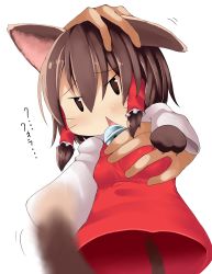 Rule 34 | 1girl, absurdres, animal ears, animal hands, blush, breasts, brown eyes, brown hair, cat ears, cat tail, commentary, cookie (touhou), disembodied limb, frilled hair tubes, frills, full body, grabbing, grabbing another&#039;s breast, hair between eyes, hair tubes, hakurei reimu, headpat, highres, kemonomimi mode, looking at viewer, mini person, minigirl, no legs, open mouth, sakenomi (cookie), short hair, simple background, sleeves past wrists, small breasts, solo focus, tail, tottoto neros, touhou, triangle mouth, whiskers, white background
