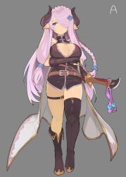 Rule 34 | 1girl, black gloves, blue eyes, boots, braid, breasts, cape, cleavage, closed mouth, gloves, granblue fantasy, hair over one eye, holding, holding sword, holding weapon, horns, large breasts, long hair, naoya come, narmaya (granblue fantasy), pointy ears, purple hair, simple background, solo, standing, sword, thigh boots, thigh strap, walking, weapon