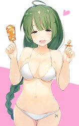 Rule 34 | 10s, 1girl, ahoge, bikini, blue eyes, blush, braid, breasts, collarbone, commentary request, dated, food, green hair, heart, highres, holding, holding rattle, kantai collection, long hair, looking at viewer, medium breasts, meth (emethmeth), mole, mole under mouth, navel, open mouth, pacifier, popsicle, purple background, rattle, simple background, skindentation, solo, standing, stomach, swimsuit, two-tone background, upper body, very long hair, white background, white bikini, yuugumo (kancolle)