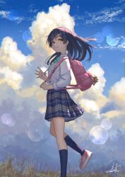 Rule 34 | 1girl, backpack, bag, bag charm, black hair, black socks, blue skirt, blue sky, blush, breasts, brown eyes, charm (object), cloud, cloudy sky, collared shirt, commentary request, day, floating hair, from side, hair ornament, hairclip, highres, kneehighs, long hair, long sleeves, looking at viewer, looking to the side, original, outdoors, parted lips, pink footwear, plaid, plaid skirt, school uniform, shirt, shoes, signature, skirt, sky, small breasts, smile, socks, solo, standing, standing on one leg, umiroku, walking, white shirt