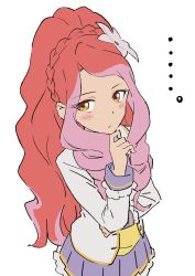 Rule 34 | ..., 1girl, aikatsu! (series), aikatsu stars!, big hair, blush stickers, braid, brown eyes, closed mouth, crown braid, elza forte, flower, hair flower, hair ornament, highres, jacket, long hair, long sleeves, miniskirt, multicolored hair, open clothes, open jacket, osame, pink hair, pleated skirt, ponytail, purple skirt, red hair, simple background, skirt, solo, two-tone hair, very long hair, white background, white flower, white jacket