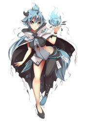 Rule 34 | 1girl, asymmetrical legwear, black dress, blue hair, brooch, crystal ball, dress, flats, full body, gem, highres, hip focus, jewelry, looking at viewer, magical girl, original, packge, short hair, simple background, solo, standing, uneven legwear, white background, witch