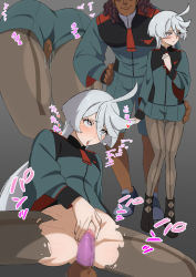 Rule 34 | 1boy, 1girl, ahegao, ass, asticassia school uniform, black pantyhose, blue jacket, blue skirt, blush, clothed sex, condom, condom on penis, dark-skinned male, dark skin, fingering, fingering through clothes, grey background, grey eyes, gundam, gundam suisei no majo, hetero, highres, interracial, jacket, kimagure ninja, long hair, looking to the side, looking up, miorine rembran, pantyhose, penis, pussy, school uniform, sex, skirt, solo focus, spread legs, through clothes, tongue, tongue out, vaginal, white hair