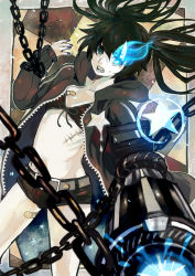 Rule 34 | 10s, 1girl, absurdres, arm cannon, bad id, bad pixiv id, bandaid, belt, bikini, bikini top only, black hair, black rock shooter, black rock shooter (character), blue eyes, chain, checkered background, foreshortening, front-tie top, glowing, glowing eye, glowing eyes, highres, honenoumi, jacket, midriff, nail polish, open mouth, purple nails, scar, short shorts, shorts, solo, star (symbol), stitches, swimsuit, tears, twintails, weapon