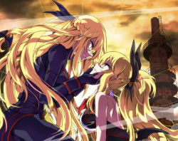 Rule 34 | 2girls, aka akatoshita chi no monogatari, ascot, backlighting, bare shoulders, belt, black gloves, black ribbon, blonde hair, character request, copyright request, detached collar, eye contact, face-to-face, gloves, hair ribbon, hands on another&#039;s cheeks, hands on another&#039;s face, kaishaku, long hair, long sleeves, looking at another, multiple girls, ponytail, profile, ribbon, sleeveless, smile, sunlight, yellow eyes