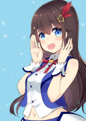 Rule 34 | 1girl, :o, blue background, blue eyes, blue vest, blush, breasts, brown hair, collared shirt, commentary request, dress shirt, fingernails, hair between eyes, hair flaps, hair ornament, hair ribbon, hands up, hololive, long hair, looking at viewer, minamura haruki, navel, open clothes, open mouth, open vest, red ribbon, ribbon, shirt, simple background, sleeveless, sleeveless shirt, small breasts, solo, star (symbol), star hair ornament, starry background, teeth, tokino sora, tokino sora (1st costume), upper teeth only, very long hair, vest, virtual youtuber, waist cape, white shirt, wrist cuffs