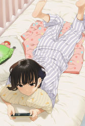 Rule 34 | 1girl, artist name, barefoot, bed, bed sheet, blush, brown hair, cellphone, closed mouth, commentary request, feet, feet up, from above, grey pajamas, holding, indoors, long sleeves, lying, mattaku mousuke, on stomach, original, pajamas, phone, pillow, shadow, smartphone, soles, solo, striped clothes, striped pajamas, toes, watermark, white pajamas