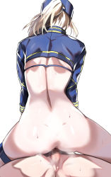 Rule 34 | 1boy, 1girl, ahoge, artoria pendragon (fate), ass, ayakumo, back, baseball cap, blonde hair, blue headwear, blue jacket, cowgirl position, cropped jacket, fate/grand order, fate (series), girl on top, hair through headwear, hat, hetero, highres, jacket, long hair, long sleeves, mysterious heroine x (fate), mysterious heroine xx (fate), penis, ponytail, pussy, sex, shrug (clothing), simple background, straddling, thigh strap, vaginal