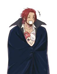 Rule 34 | 1boy, 1girl, age difference, black cape, cape, cheek bulge, choko egg, facial hair, father and daughter, hair rings, highres, long hair, manly, multicolored hair, one piece, one piece film: red, open clothes, open shirt, pectorals, red hair, scar, scar across eye, shanks (one piece), short hair, simple background, size difference, smile, standing, two-tone hair, uta (one piece), very long hair, white background