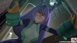 Rule 34 | 1girl, 3d, blue bodysuit, blue eyes, blue hair, blush, bodysuit, boku no hero academia, breasts, breasts out, collarbone, gloves, hadou nejire, heavy breathing, imminent penetration, large breasts, long hair, night, night sky, open mouth, pov, shamelessdeeg, skin tight, sky, smile, solo, sweat, very long hair, yellow gloves, you gonna get raped