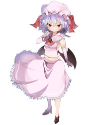 Rule 34 | &gt;:), 1girl, absurdres, armpits, bare shoulders, bat wings, belly, blush, bow, breasts, brooch, elbow gloves, fang, fang out, footwear bow, full body, gloves, halterneck, hat, high heels, highres, jewelry, long skirt, looking at viewer, medium breasts, mob cap, navel, plump, purple hair, red eyes, remilia scarlet, shirt, shoes, skindentation, skirt, sleeveless, sleeveless shirt, smile, solo, standing, takimoto yukari, touhou, tsurime, v-shaped eyebrows, wings