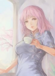 Rule 34 | 1girl, blue shirt, blue sky, breasts, brown eyes, cherry blossoms, china dress, chinese clothes, cookie (touhou), cup, day, dress, holding, holding cup, indoors, lipstick, looking at viewer, makeup, medium breasts, nuppehofu (nibuta), parted lips, pink hair, red lips, saigyouji yuyuko, shirt, short sleeves, sky, solo, standing, touhou, vvan (cookie), window