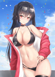 Rule 34 | 1girl, azur lane, bare shoulders, bikini, black bikini, black choker, black hair, black thighhighs, blue sky, blush, breasts, choker, cloud, commentary request, confetti, cowboy shot, day, eyewear on head, hair between eyes, hand on own hip, heart, heart of string, jacket, large breasts, long hair, long sleeves, looking at viewer, off shoulder, official alternate costume, open clothes, open jacket, outdoors, red eyes, red jacket, sky, smile, solo, standing, sunglasses, swimsuit, taihou (azur lane), taihou (enraptured companion) (azur lane), tatsumiya kagari, thighhighs, thighs