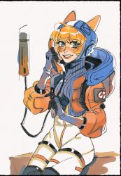 Rule 34 | 1girl, absurdres, animal ears, animification, apex legends, blonde hair, blue eyes, blue gloves, blush, bodysuit, breasts, cable, fake animal ears, freckles, gloves, highres, holding, holding phone, hood, hood down, hood up, hooded bodysuit, hooded jacket, jacket, lazyer, lightning bolt symbol, looking at viewer, medium breasts, nervous, orange jacket, phone, solo, thigh strap, wattson (apex legends), white background, white bodysuit