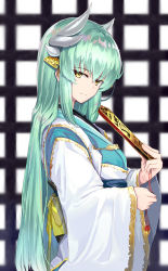 Rule 34 | 1girl, blush, dragon girl, dragon horns, fate/grand order, fate (series), green hair, hand fan, highres, holding, holding fan, horns, japanese clothes, kimono, kiyohime (fate), long hair, looking at viewer, ninoude (ninoude44), sash, smile, solo, wide sleeves, yellow eyes