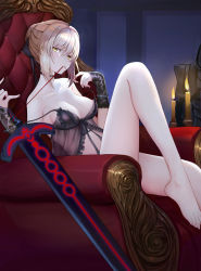 Rule 34 | 1girl, ahoge, artoria pendragon (all), artoria pendragon (fate), barefoot, black dress, black ribbon, blonde hair, braid, breasts, chinese commentary, cleavage, commentary, dress, excalibur morgan (fate), fate/stay night, fate (series), french braid, hair bun, highres, lace, lingerie, long legs, looking at viewer, luobo (nsnr8754), medium breasts, nightgown, nipple slip, nipples, ribbon, saber alter, see-through, single hair bun, solo, strap slip, sword, underwear, weapon, yellow eyes