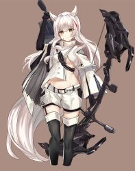 Rule 34 | &gt;:(, 1girl, animal ears, arknights, arm up, arrow (projectile), black gloves, black thighhighs, blush, boots, bow (weapon), brown background, brown eyes, cropped legs, gloves, groin, high collar, highres, holding, holding bow (weapon), holding weapon, jsscj, large tail, long hair, long sleeves, looking at viewer, midriff, multicolored hair, platinum (arknights), quiver, red hair, shirt, short shorts, shorts, silver hair, simple background, solo, standing, streaked hair, tail, thigh boots, thighhighs, thighs, v-shaped eyebrows, weapon, white shirt, white shorts, wide sleeves
