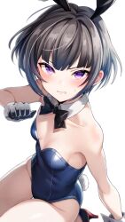 Rule 34 | 1girl, absurdres, animal ears, bare shoulders, black bow, black bowtie, black gloves, black hair, blue leotard, blush, bow, bowtie, breasts, clenched hand, commentary, commentary request, cropped legs, fake animal ears, gloves, high heels, highres, idolmaster, idolmaster cinderella girls, leotard, looking at viewer, playboy bunny, popon ta, purple eyes, rabbit ears, shirayuki chiyo, short hair, simple background, small breasts, solo, sweat, thighs, v-shaped eyebrows, veins, veiny hands, white background, white wrist cuffs, wrist cuffs
