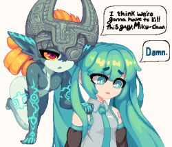 Rule 34 | 2girls, blue eyes, blue hair, blue necktie, colored sclera, detached sleeves, english text, floating hair, hatsune miku, i think we&#039;re gonna have to kill this guy steven (meme), long hair, meme, midna, minimilieu, multiple girls, necktie, nintendo, open mouth, orange hair, pixel art, red eyes, short hair, simple background, speech bubble, the legend of zelda, the legend of zelda: twilight princess, twintails, vocaloid, white background, yellow sclera