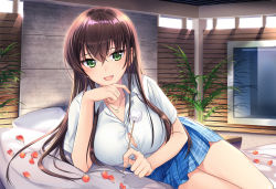 Rule 34 | 1girl, :d, blouse, blue skirt, breasts, brown hair, checkered clothes, checkered skirt, choukyou shoujo, cleavage, collared shirt, cool na jk ni babubabu shitai, cowboy shot, green eyes, hair between eyes, indoors, jewelry, large breasts, legs together, looking at viewer, lying, miniskirt, mochiko (mochiko3121), necklace, on bed, on side, open mouth, palm tree, petals, plant, pleated skirt, school uniform, shirt, short sleeves, skirt, smile, solo, tree, white shirt