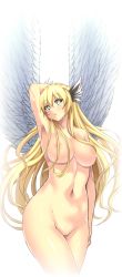 Rule 34 | 10s, 1girl, angel wings, arm up, bad id, bad pixiv id, blonde hair, blue eyes, blush, breasts, curvy, dragon collection, huge breasts, long hair, looking at viewer, navel, nipples, nude, open mouth, pussy, solo, uncensored, unko samurai, very long hair, wide hips, wings