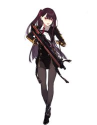Rule 34 | 1girl, belt, bipod, black pantyhose, blazer, blush, bow, braid, bullpup, buttons, duoyuanjun, eyebrows, framed breasts, full body, girls&#039; frontline, gloves, gun, hair bow, hair ribbon, highres, holding, holding gun, holding weapon, jacket, long hair, looking at viewer, necktie, nose blush, official art, one side up, open mouth, pantyhose, personification, purple hair, red eyes, red necktie, red ribbon, ribbon, rifle, scope, side ponytail, sniper rifle, solo, standing, strap, transparent background, trigger discipline, tsundere, underbust, uniform, very long hair, wa2000 (girls&#039; frontline), walther, weapon