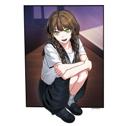 Rule 34 | 1girl, absurdres, artist name, black footwear, black skirt, braid, brown hair, bymjim, collarbone, commentary, crossed arms, english commentary, full body, green eyes, hair tie, highres, long hair, looking at viewer, mole, mole under eye, open mouth, original, pleated skirt, school uniform, serafuku, shirt, shoes, simple background, skirt, smile, socks, solo, squatting, twin braids, uniform, white background, white shirt, white socks