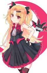 Rule 34 | 1girl, akatsuki uni, animal, bat (animal), black dress, black gloves, blonde hair, blush, bow, brown thighhighs, character name, chawan (yultutari), closed mouth, commentary request, crescent, dress, fang, fang out, fingerless gloves, fur, gloves, hair ornament, hairclip, hand on own hip, head tilt, highres, long hair, parted bangs, pleated dress, red bow, red eyes, sleeveless, sleeveless dress, smile, solo, sparkle, thighhighs, two side up, uni create, very long hair, virtual youtuber, white background, zipper pull tab